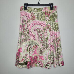 Notations green pink bright paisley print Easter church skater skirt size medium